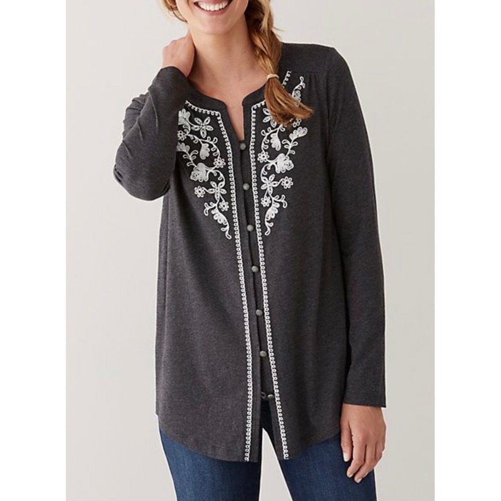 J. Jill Embroidered Henley Top Womens Medium Charcoal Gray Floral Long‎ Sleeve